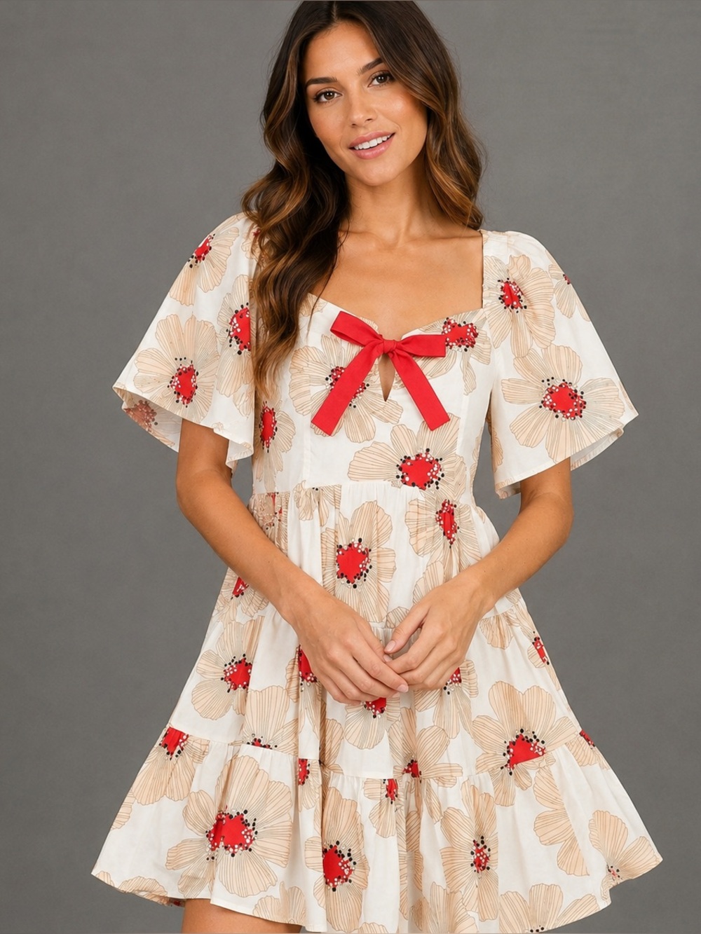Umgee Floral Babydoll Sweetheart Bow Tie Mini Dress Size Large